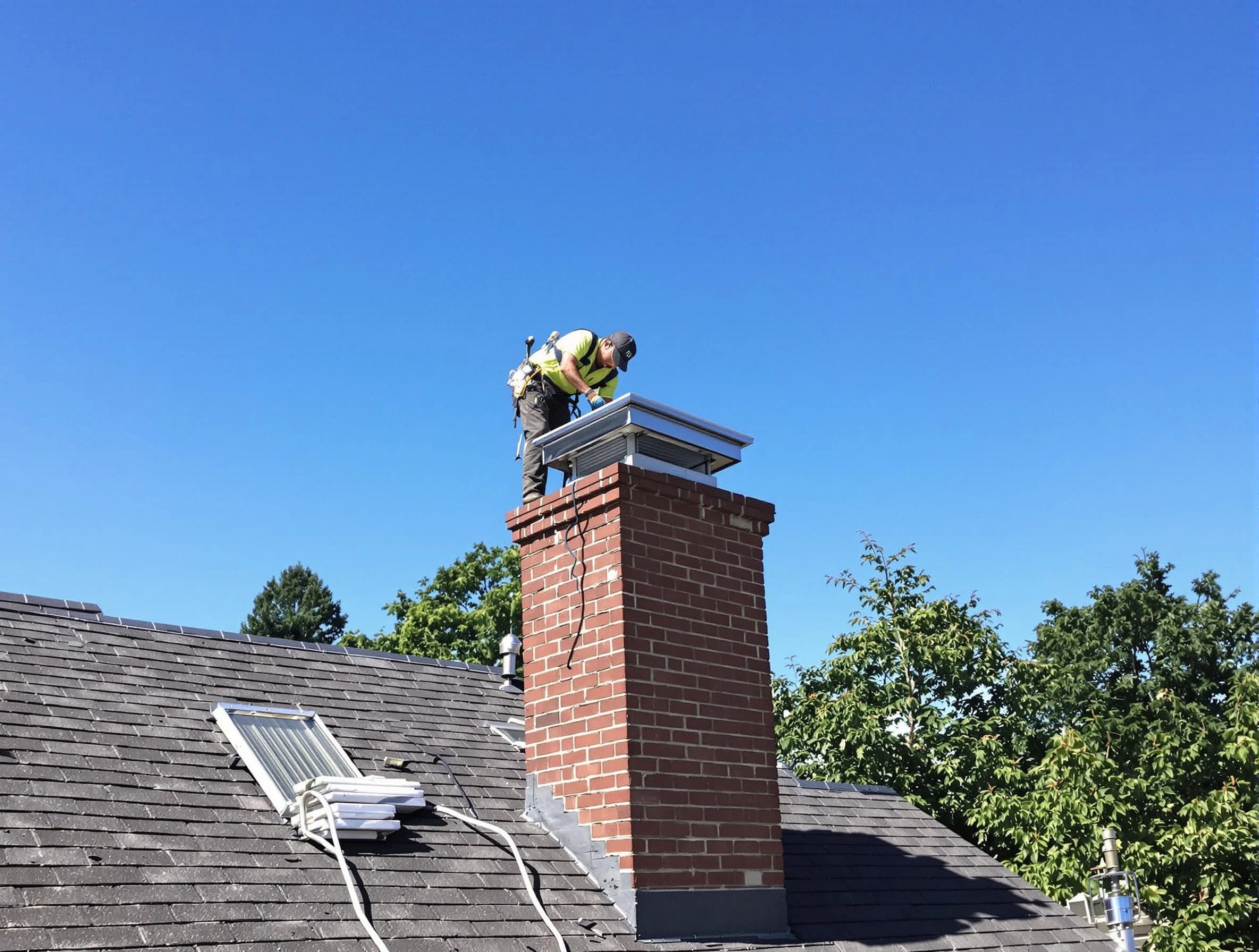 Peabody Chimney Sweep technician measuring a chimney cap in Peabody, MA