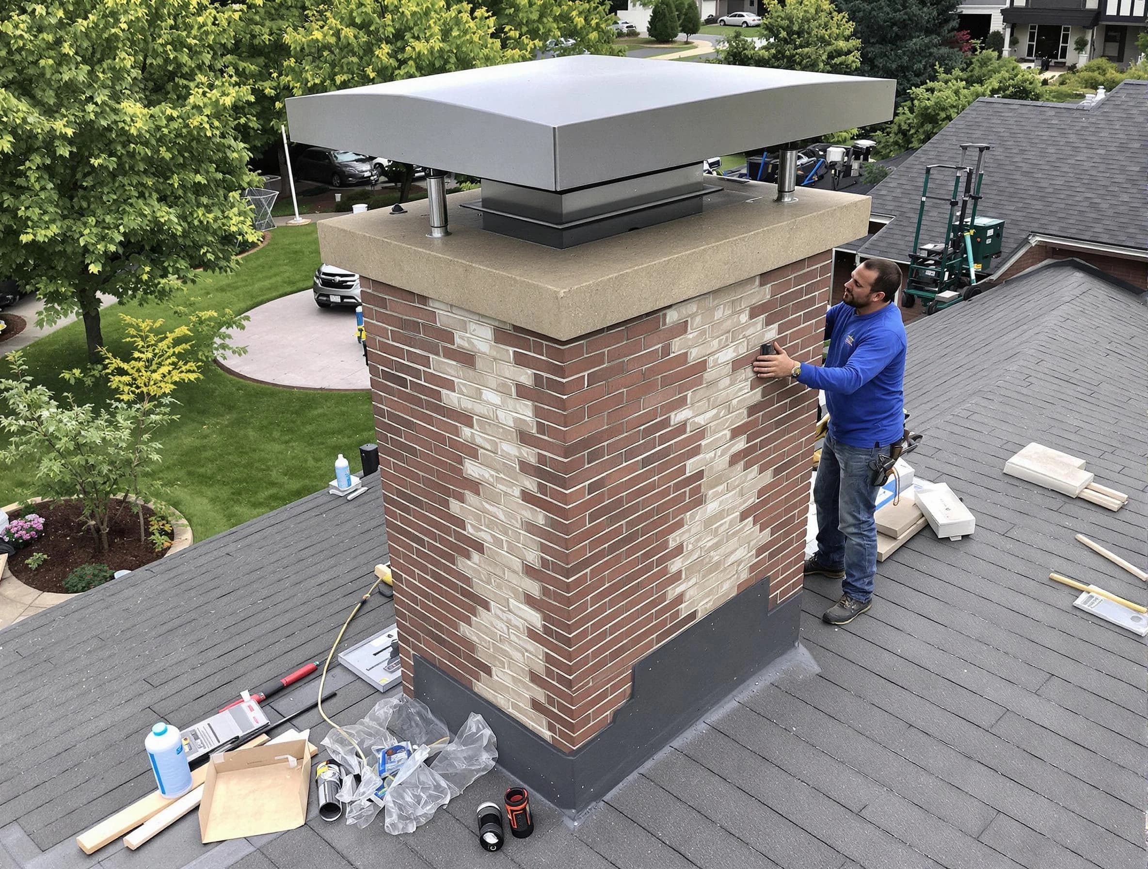 Peabody Chimney Sweep team working on a custom chimney remodel in Peabody, MA